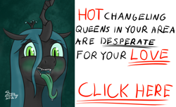 Size: 2400x1460 | Tagged: safe, artist:doomlemon, queen chrysalis, changeling, changeling queen, g4, abstract background, blushing, bronybait, bust, clickbait, drool, female, long tongue, looking at you, meme, open mouth, ponified meme, seems legit, sharp teeth, signature, solo, teeth, tongue out