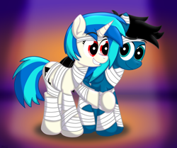 Size: 7906x6600 | Tagged: safe, artist:agkandphotomaker2000, dj pon-3, vinyl scratch, oc, oc:pony video maker, pegasus, pony, unicorn, g4, absurd resolution, canon x oc, clothes, costume, eyebrows, eyebrows visible through hair, female, grin, halloween, halloween costume, holding arm, holiday, looking at each other, male, mummy, mummy costume, nightmare night, shipping, smiling, smiling at each other, straight, videoscratch