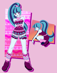 Size: 3400x4300 | Tagged: safe, artist:rileyav, sonata dusk, equestria girls, g4, boots, camp fashion show outfit, clothes, dress, eye clipping through hair, eyebrows, eyebrows visible through hair, female, grin, high res, looking at you, open mouth, open smile, pink background, shoes, shorts, simple background, skirt, smiling, smiling at you, socks, solo