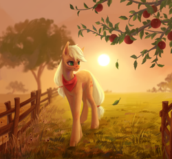 Size: 2600x2400 | Tagged: safe, artist:miurimau, applejack, earth pony, pony, g4, apple, apple tree, bandana, falling leaves, female, fence, hatless, high res, leaves, mare, missing accessory, smiling, solo, sunset, tree