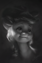 Size: 720x1080 | Tagged: safe, artist:assasinmonkey, applejack, earth pony, pony, g4, bust, dramatic lighting, female, grayscale, looking up, mare, monochrome, portrait, signature, smiling, solo