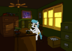 Size: 1650x1181 | Tagged: safe, artist:doxel, twilight sparkle, oc, oc only, oc:kismet, earth pony, pony, ceiling fan, chair, cyoa:dirty work, filing cabinet, gun, lamp, phone, quill, solo, table, tommy gun, window