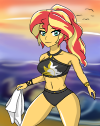 Size: 2000x2500 | Tagged: safe, artist:artevi, sunset shimmer, bird, human, equestria girls, equestria girls specials, g4, my little pony equestria girls: better together, my little pony equestria girls: forgotten friendship, beach, beach shorts swimsuit, breasts, busty sunset shimmer, clothes, female, high res, looking at you, ocean, solo, sunset, sunset shimmer's beach shorts swimsuit, swimsuit, towel