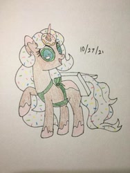 Size: 394x525 | Tagged: safe, artist:carty, oc, oc only, oc:donut daydream, pony, unicorn, clothes, costume, donut, female, food, horn, mare, solo, starbucks, traditional art, unicorn oc