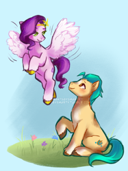 Size: 1280x1707 | Tagged: safe, artist:artsbysmarty, hitch trailblazer, pipp petals, earth pony, pegasus, pony, g5, my little pony: a new generation, female, flying, grin, looking at each other, male, mare, ship:pitch, shipping, sitting, smiling, smiling at each other, spread wings, stallion, straight, wings