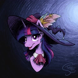 Size: 2048x2048 | Tagged: safe, artist:turtletroutstudios, twilight sparkle, pony, g4, bust, clothes, costume, female, hat, high res, nightmare night costume, portrait, solo, witch hat