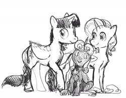 Size: 1639x1281 | Tagged: safe, artist:spectralunicorn, rarity, twilight sparkle, oc, oc:nyx, alicorn, pony, unicorn, g4, black and white, female, filly, grayscale, horn, mare, monochrome, not sweetie belle, simple background, sketch, smiling, trio, twilight sparkle (alicorn), white background
