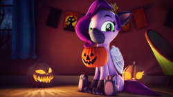 Size: 3840x2160 | Tagged: safe, artist:psfmer, pipp petals, cat, pony, g5, my little pony: a new generation, 3d, adorapipp, clothes, cosplay, costume, cute, download at source, halloween, halloween costume, high res, holiday, jack-o-lantern, pumpkin, source filmmaker