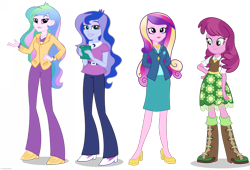 Size: 2738x1867 | Tagged: safe, cheerilee, dean cadance, princess cadance, princess celestia, princess luna, principal celestia, vice principal luna, equestria girls, g4, boots, clipboard, clothes, female, group, hands behind back, high heels, pants, quartet, shoes, siblings, simple background, sisters, skirt, staff, teacher, transparent background