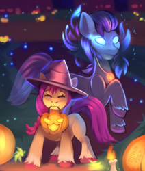 Size: 1100x1300 | Tagged: safe, artist:freak-side, argyle starshine, sunny starscout, earth pony, ghost, pony, undead, g5, my little pony: a new generation, female, filly, filly sunny starscout, glowing, glowing eyes, halloween, hat, holiday, male, mouth hold, pumpkin, pumpkin bucket, stallion, witch hat