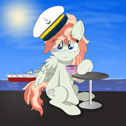 Size: 8000x8000 | Tagged: safe, artist:ignacio, oc, oc only, oc:tea dip, pegasus, pony, equestria at war mod, absurd file size, absurd resolution, battleship, blushing, cup, eye clipping through hair, eyebrows, eyebrows visible through hair, female, hat, looking at you, mare, ocean, pegasus oc, sitting, smiling, smiling at you, solo, table, teacup