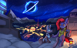 Size: 1500x950 | Tagged: safe, artist:freak-side, cyborg, dog, earth pony, pony, night, night city, pet, solo