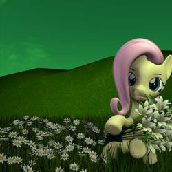 Size: 2160x2160 | Tagged: safe, artist:charismatic pony, fluttershy, pegasus, pony, g4, 3d, album cover, album parody, cloud, female, flower, grass, green sky, haste the day, high res, hill, parody, ponified, ponified album cover, revamped ponies, sitting, solo, source filmmaker, when everything falls