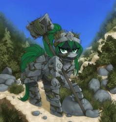 Size: 1214x1280 | Tagged: safe, artist:st. oni, oc, oc only, oc:sekai, pony, armor, armored pony, commission, detailed background, female, grass, green eyes, green mane, hummer, moss, nature, sky, solo, stone, weapon