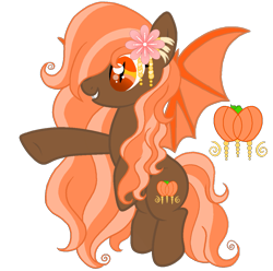 Size: 1129x1120 | Tagged: safe, artist:madlilon2051, oc, oc only, bat pony, pony, base used, bat pony oc, bat wings, female, flower, flower in hair, flying, mare, pumpkin, raised hoof, simple background, slit pupils, solo, transparent background, wings