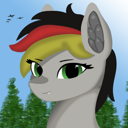 Size: 2000x2000 | Tagged: safe, artist:ignacio, oc, oc only, oc:anja snow, pony, eye clipping through hair, female, green eyes, high res, looking at you, multicolored hair, plane, sky, smiling, solo, tree