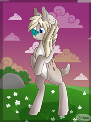 Size: 1500x2000 | Tagged: safe, artist:herusann, oc, oc only, butterfly, earth pony, pony, cloud, ear fluff, earth pony oc, eyelashes, outdoors, rearing, signature, solo