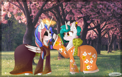 Size: 4623x2903 | Tagged: safe, artist:herusann, oc, oc only, alicorn, pony, alicorn oc, clothes, ear fluff, eyelashes, halo, heterochromia, horn, kimono (clothing), raised hoof, smiling, tree, wings