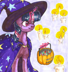 Size: 1280x1370 | Tagged: safe, artist:tigra0118, twilight sparkle, pony, unicorn, g4, candle, cape, clothes, costume, female, glowing, glowing horn, halloween, halloween costume, hat, holiday, horn, mage, magic, mare, marker drawing, pumpkin bucket, solo, telekinesis, traditional art, witch hat