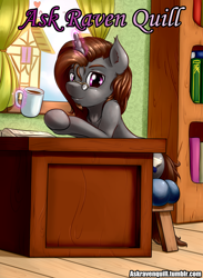 Size: 1500x2050 | Tagged: safe, artist:renatethepony, oc, oc only, oc:raven quill, pony, unicorn, ask, book, bookshelf, cup, glasses, glowing, glowing horn, horn, indoors, magic, male, solo, stallion, telekinesis, unicorn oc