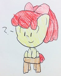 Size: 542x677 | Tagged: safe, artist:pippiminafowell, apple bloom, earth pony, pony, g4, chair, female, filly, question mark, sitting, solo, traditional art