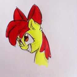 Size: 640x640 | Tagged: safe, artist:alwayspony, apple bloom, earth pony, pony, g4, bust, female, filly, grin, portrait, smiling, solo, traditional art