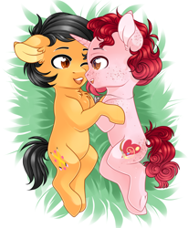 Size: 1600x1940 | Tagged: safe, artist:schokocream, oc, oc:jess, earth pony, pony, unicorn, cuddling, earth pony oc, horn, hug, one eye closed, smiling, unicorn oc, wink