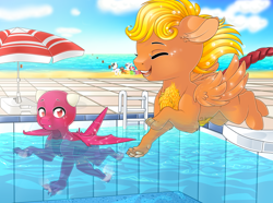 Size: 3810x2834 | Tagged: safe, artist:schokocream, oc, oc only, dragon, hybrid, chest fluff, dragon oc, high res, outdoors, paw pads, paws, smiling, swimming pool, underpaw, wings