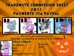 Size: 1600x1200 | Tagged: safe, artist:tranzmuteproductions, oc, oc only, cow, rabbit, anthro, advertisement, animal, anthro with ponies, bust, clothes, commission info, female, glasses, male, pumpkin, stallion, sunburst background, swimsuit, waving, white eyes