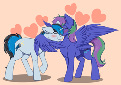 Size: 3408x2392 | Tagged: safe, artist:shamy-crist, oc, oc only, oc:lishka, oc:solar gizmo, pegasus, pony, unicorn, blushing, commission, cute, diabetes, ear fluff, eyebrows, eyelashes, feather in hair, feathered wings, female, female on male, floppy ears, heart, high res, horn, hug, kissing, male, mare, mare on stallion, pegasus oc, simple background, smiling, stallion, straight, tail, two toned mane, two toned tail, unicorn oc, winghug, wings