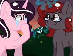 Size: 1000x768 | Tagged: safe, artist:tranzmuteproductions, oc, oc only, oc:curse word, oc:magpie, pony, unicorn, crying, engagement ring, female, glasses, glowing, glowing horn, horn, lesbian, magic, mare, outdoors, raised hoof, smiling, tears of joy, telekinesis