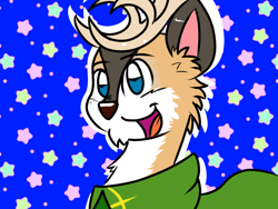 Size: 1024x768 | Tagged: safe, artist:tranzmuteproductions, oc, oc only, oc:tyandaga, deer, reindeer, :d, antlers, clothes, cute, male, ocbetes, open mouth, open smile, smiling, solo, stars