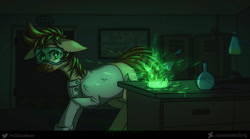 Size: 1495x834 | Tagged: safe, artist:ajax, artist:ajaxorsomething, artist:willdrawhere, oc, oc only, oc:calpain, earth pony, pony, chemistry, clothes, dark, explosion, glowing, green light, lab coat, solo