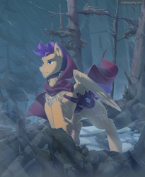 Size: 2300x2800 | Tagged: safe, artist:littlepolly, oc, oc only, oc:bulwark, pegasus, pony, armor, bag, cape, clothes, complex background, forest, guard, high res, male, pegasus oc, rain, raised leg, saddle bag, solo, stallion, standing, tail, tail wrap, wings