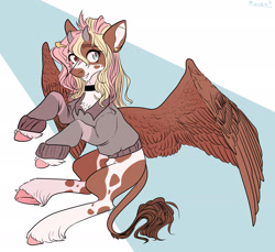 Size: 3000x2743 | Tagged: safe, artist:rover, artist:rrrover, oc, oc only, oc:molly, oc:moo, cow, original species, pegasus, pony, coat markings, cute, eyebrows, eyebrows visible through hair, female, flying, grin, heterochromia, high res, looking at you, mare, ocbetes, pinto, smiling, smiling at you, solo