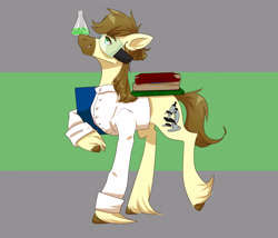 Size: 3500x3000 | Tagged: safe, artist:rover, artist:rrrover, oc, oc only, oc:calpain, earth pony, pony, book, chemistry, clothes, earth pony oc, erlenmeyer flask, flask, goggles, grin, high res, lab coat, male, smiling, solo, stallion, standing on two hooves