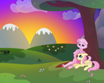Size: 2349x1886 | Tagged: safe, artist:dyonys, fluttershy, oc, oc:sleepy, pegasus, pony, commission, cuddling, duo, female, high res, hugging a pony, lying down, mare, prone, scenery, sitting, smiling, sunset, tree