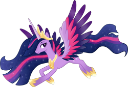 Size: 8000x5462 | Tagged: safe, artist:negatif22, twilight sparkle, alicorn, pony, g4, the last problem, absurd resolution, colored wings, concave belly, crown, cutie mark, ethereal mane, ethereal tail, female, flying, hoof shoes, horn, jewelry, large wings, long horn, long mane, long tail, looking at you, mare, multicolored wings, older, older twilight, older twilight sparkle (alicorn), peytral, princess shoes, princess twilight 2.0, regalia, simple background, slender, smiling, smiling at you, solo, spread wings, starry mane, starry tail, tail, tall, thin, transparent background, twilight sparkle (alicorn), wings