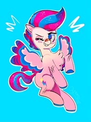 Size: 1173x1571 | Tagged: source needed, safe, artist:aza-mazing, zipp storm, pegasus, pony, g5, my little pony: a new generation, spoiler:g5, spoiler:my little pony: a new generation, bandaid, bandaid on nose, blue background, blushing, chest fluff, female, grin, mare, one eye closed, simple background, smiling, solo, spread wings, wings, wink