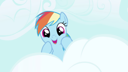 Size: 1920x1080 | Tagged: safe, screencap, rainbow dash, pegasus, pony, friendship is magic, g4, season 1, 1080p, cloud, cute, dashabetes, female, happy, looking at you, looking down, looking down at you, mare, sky, smiling, solo