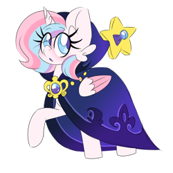 Size: 1280x1280 | Tagged: safe, artist:ladylullabystar, oc, oc only, oc:lullaby star, alicorn, pony, :o, alicorn oc, cloak, clothes, eye clipping through hair, eyebrows, eyebrows visible through hair, female, horn, mare, open mouth, raised hoof, simple background, solo, transparent background, wings
