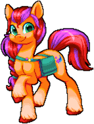 Size: 1120x1480 | Tagged: safe, artist:dasheroni, artist:scarlet-spectrum, edit, sunny starscout, earth pony, pony, g5, my little pony: a new generation, badge, bag, braided ponytail, cute, female, looking at you, manepxls, mare, pixel art, pxls.space, raised hoof, saddle bag, satchel, simple background, smiling, solo, sunnybetes, transparent background, unshorn fetlocks