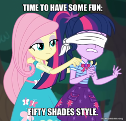 Size: 699x675 | Tagged: safe, edit, edited screencap, screencap, fluttershy, sci-twi, twilight sparkle, equestria girls, g4, my little pony equestria girls: better together, stressed in show, stressed in show: fluttershy, blindfold, caption, duo, female, fifty shades of grey, image macro, text