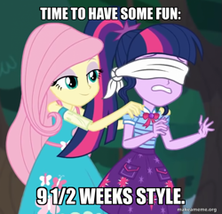 Size: 699x675 | Tagged: safe, edit, edited screencap, screencap, fluttershy, sci-twi, twilight sparkle, equestria girls, g4, my little pony equestria girls: better together, stressed in show, stressed in show: fluttershy, blindfold, caption, duo, female, image macro, text