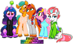 Size: 1150x690 | Tagged: safe, artist:epicvon, artist:pfeffaroo, artist:php27, artist:rustydooks, hitch trailblazer, izzy moonbow, pipp petals, sunny starscout, zipp storm, earth pony, pegasus, pony, unicorn, g5, my little pony: a new generation, ball, braided ponytail, clothes, cute, female, grin, hoodie, horn, horn guard, horn impalement, hornball, izzy's tennis ball, looking at you, male, mane five, manepxls, mare, mouth hold, open mouth, pixel art, pxls.space, simple background, sitting, smiling, stallion, teeth, tennis ball, transparent background, unshorn fetlocks