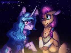 Size: 1077x807 | Tagged: safe, artist:inuhoshi-to-darkpen, izzy moonbow, sunny starscout, earth pony, pony, unicorn, g5, my little pony: a new generation, campfire, duo, duo female, ear fluff, female, fire, floppy ears, looking at each other, mare, night, open mouth, signature