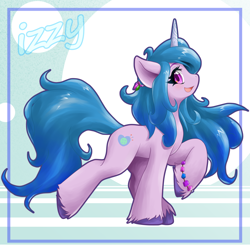 Size: 2000x2000 | Tagged: safe, artist:ragurimo, izzy moonbow, pony, unicorn, g5, my little pony: a new generation, bracelet, female, high res, jewelry, looking at you, mare, open mouth, open smile, raised hoof, smiling, smiling at you, solo, standing on two hooves