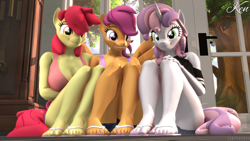 Size: 3840x2160 | Tagged: safe, artist:hunterz263, artist:kenaga, apple bloom, scootaloo, sweetie belle, earth pony, pegasus, unicorn, anthro, plantigrade anthro, g4, 3d, breasts, busty apple bloom, cleavage, clothes, cutie mark crusaders, denim shorts, eyelashes, feet, female, flip-flops, grin, high res, looking at you, nail polish, nexgen, older, older apple bloom, older cmc, older scootaloo, older sweetie belle, sandals, shorts, shoulderless, shoulderless shirt, sitting, smiling, smiling at you, source filmmaker, spread wings, tank top, toenail polish, toes, trio, trio female, wings
