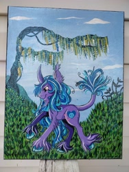 Size: 3000x4000 | Tagged: safe, artist:annuthecatgirl, izzy moonbow, classical unicorn, pony, unicorn, g5, my little pony: a new generation, acrylic painting, cloven hooves, female, high res, horn, leonine tail, mare, painting, redesign, smiling, smirk, solo, standing on two hooves, tail, traditional art, unshorn fetlocks
