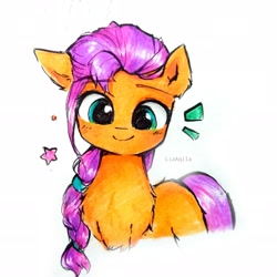 Size: 2781x2781 | Tagged: safe, artist:liaaqila, sunny starscout, earth pony, pony, g5, my little pony: a new generation, chest fluff, commission, cute, eyebrows, eyebrows visible through hair, female, fluffy, high res, looking at you, mare, simple background, smiling, smiling at you, solo, sunnybetes, traditional art, white background